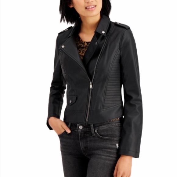 Coffeeshop Black Juniors' Faux-Leather Moto Jacket - Picture 1 of 7